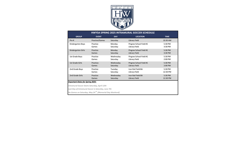 Spring Intramural Schedule